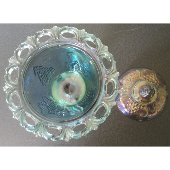 Iridescent Blue Carnival Glass Candy Dish w/ Lid – Indiana Grape Pattern - Picture 3 of 5